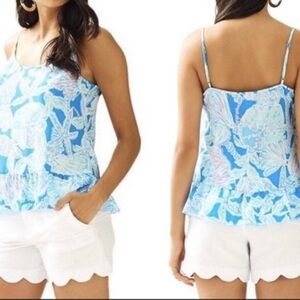 Lilly Pulitzer Sz L Coral Top- Bay Blue Into The Deep Ruffle Hem Spaghetti Strap